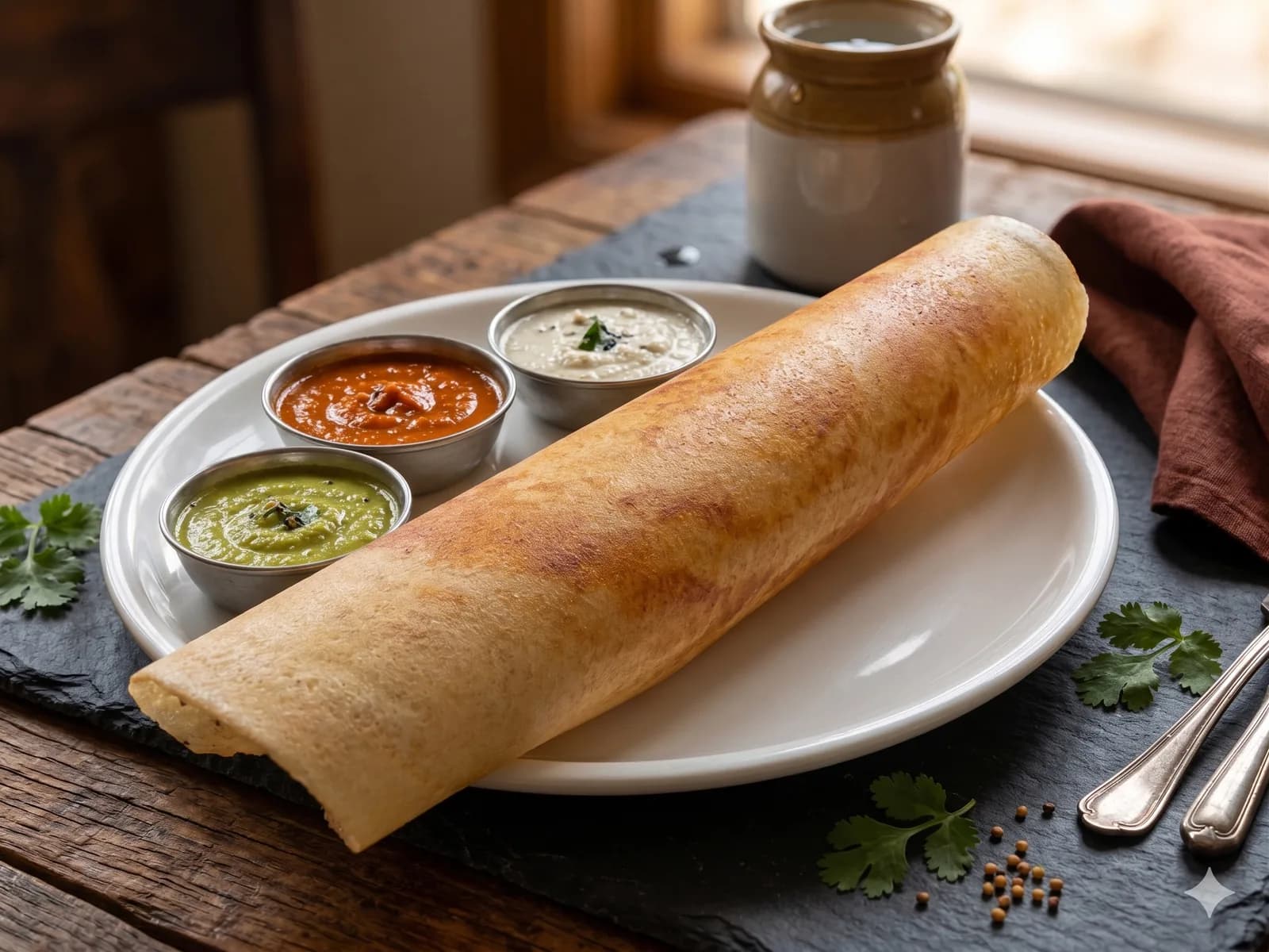 A dosa served with three chutneys, photographed for a restaurant by BD Agency