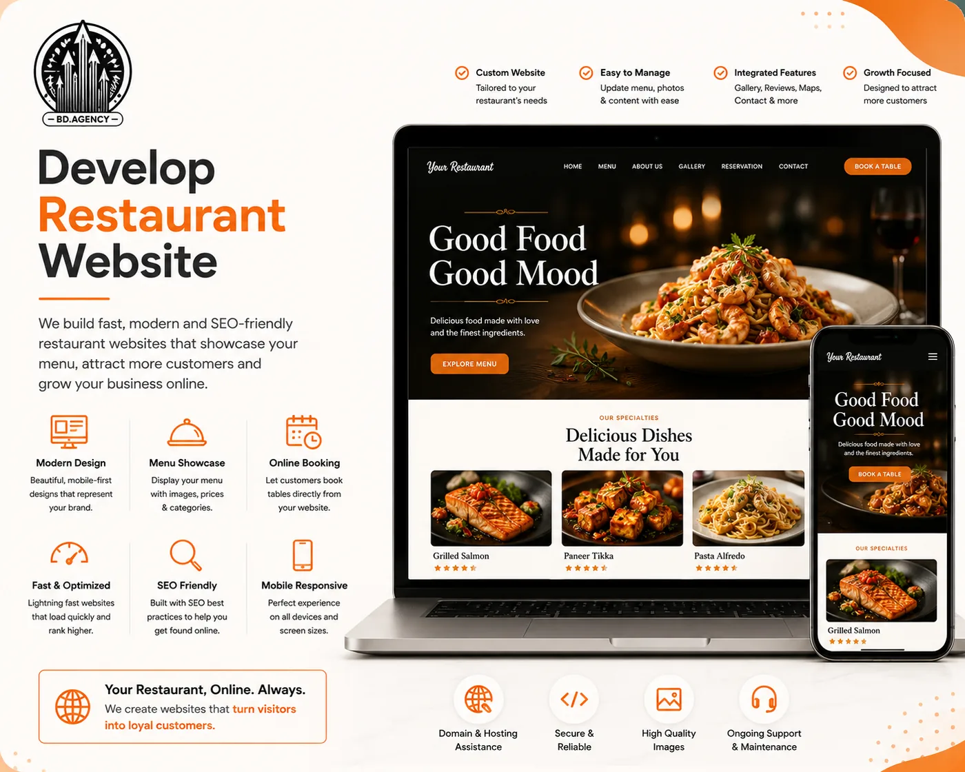 Mock-up of a restaurant website shown on a laptop and a phone, with the menu and dish photos